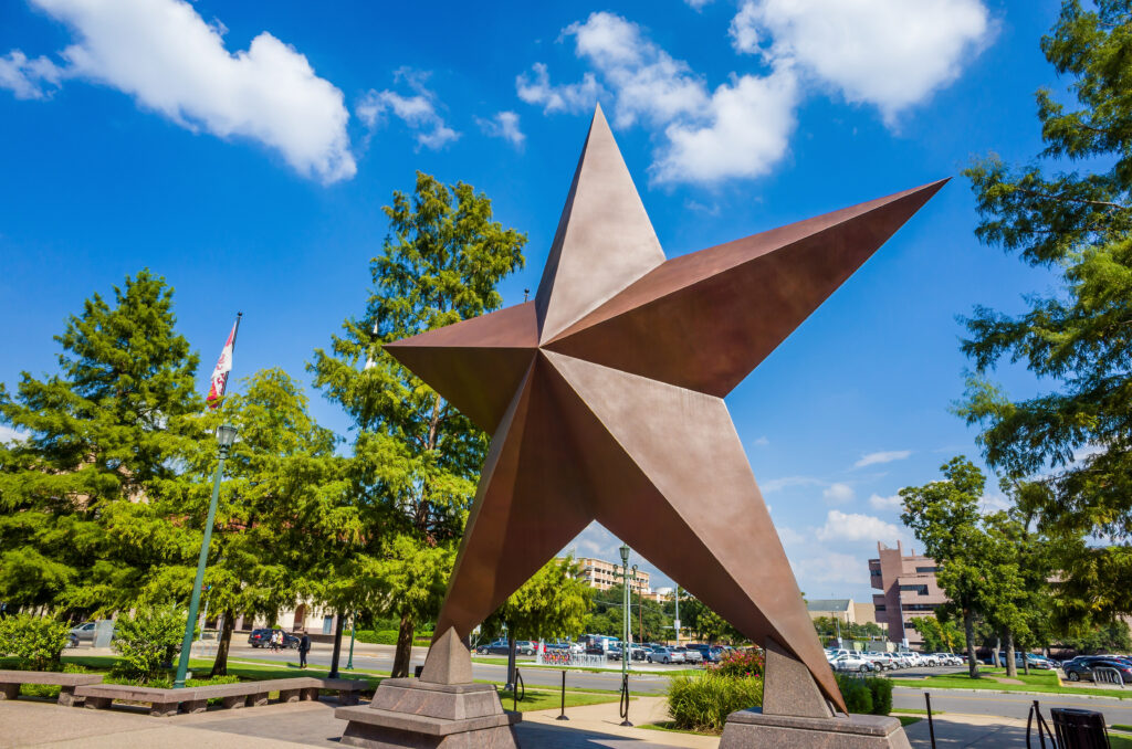 A Texas star sculpture in front of the Bob Bullock Texas State History Museum in Austin